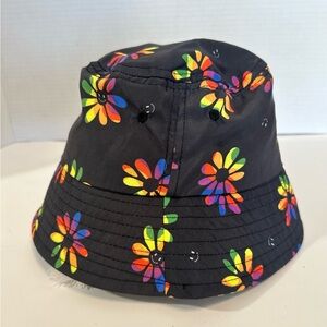 Claire’s Rainbow Daisy Black Bucket Hat Ladies Smiley Faces Fun Happy One Size